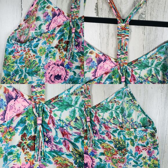 NWT Color Block Floral Printed Fringed Racerback Tank Top Women's Size Large - Picture 9 of 10